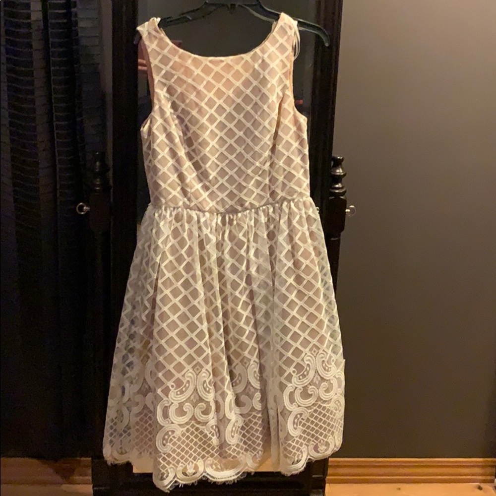 Eliza J nude and cream lace dress